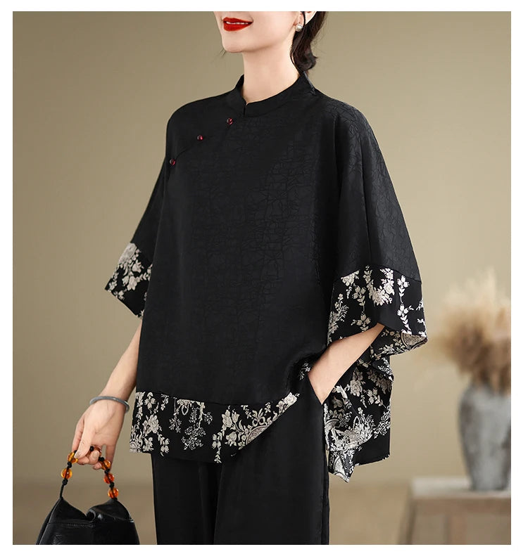 Oversized Summer Pullover T-Shirt Tops Women Print Patchwork Fashion Casual Loose Pleated Ladies Blouses Short Sleeve Woman Tops RT220