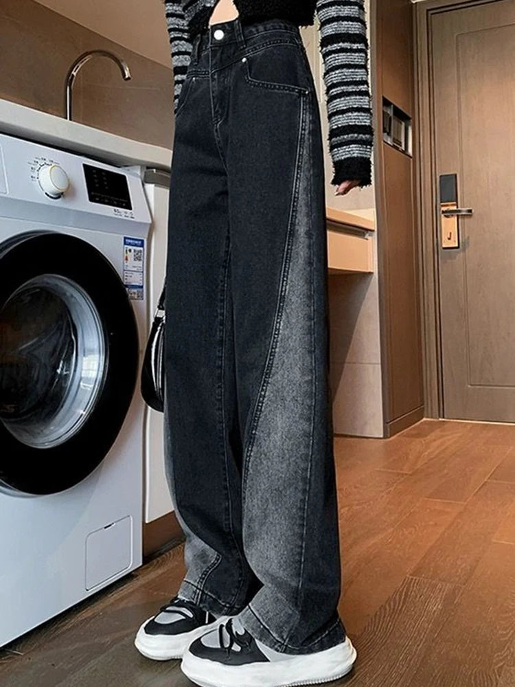 Woman High Waist Jeans Lady American High Street Patchwork Straight Leg Pants Girls Black Gray Contrast Color Wide Leg Trousers RT220