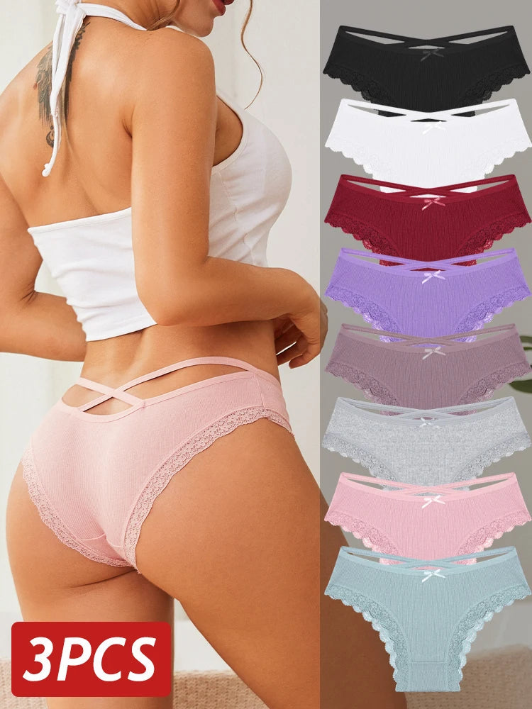 Women Cotton Panties 3PC Sexy Lace Brazilian Panties Cotton Low Rise Underwear for Female Bow Hollow Out Soft Intimates Lingerie RT220