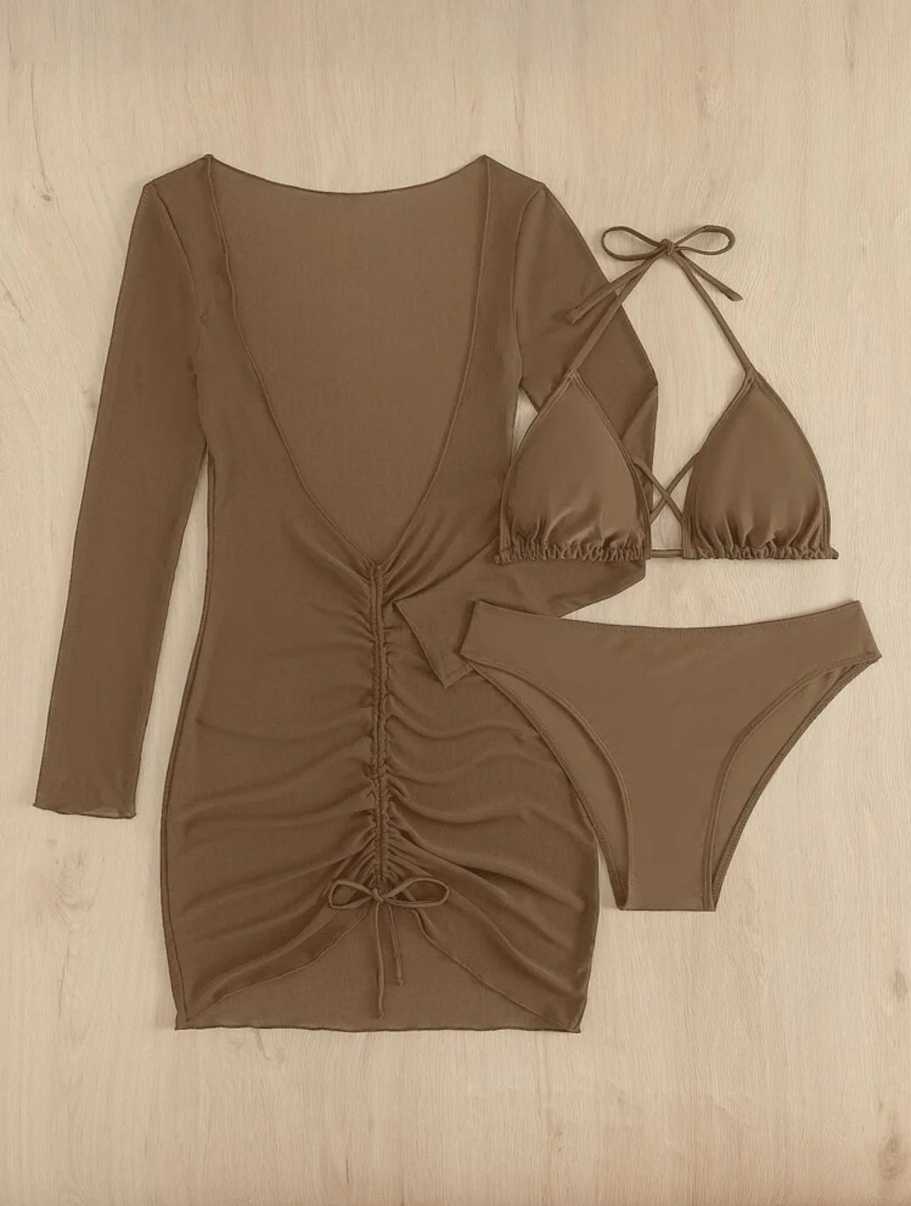 Long Sleeves Dress Bikini Set 2025 Women Neon Green Lace Up 3 Pieces Swimsuit Brazilian Bathing Suit Pleate Cover Up Swimwear RT220