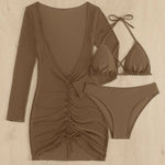 Long Sleeves Dress Bikini Set 2025 Women Neon Green Lace Up 3 Pieces Swimsuit Brazilian Bathing Suit Pleate Cover Up Swimwear RT220