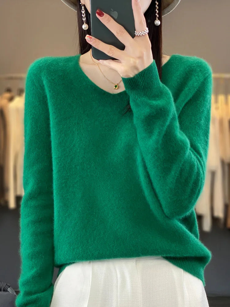 2024 New Womens Basic V-neck Pullover Sweater 100% Merino Wool Long Sleeve Cashmere Knitwear Autumn Winter Female Clothing Tops RT220