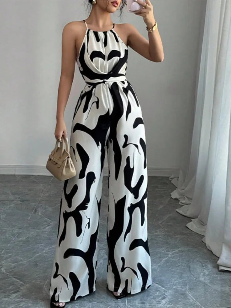 Fashion Women Jumpsuit Sexy Halter Print Sleeveless High Waist Lace-up Wide Leg Pants Long Jumpsuits Female Casual Lady Jumpsuit RT220