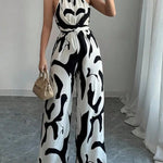 Fashion Women Jumpsuit Sexy Halter Print Sleeveless High Waist Lace-up Wide Leg Pants Long Jumpsuits Female Casual Lady Jumpsuit RT220