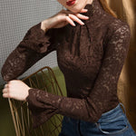 Women Paisley Flower Lace Shirt S-2XL Stretch Turtleneck Bell Sleeve Blouse Tops Pink Blue Coffee Green Fashion Ladies Blouses RT220