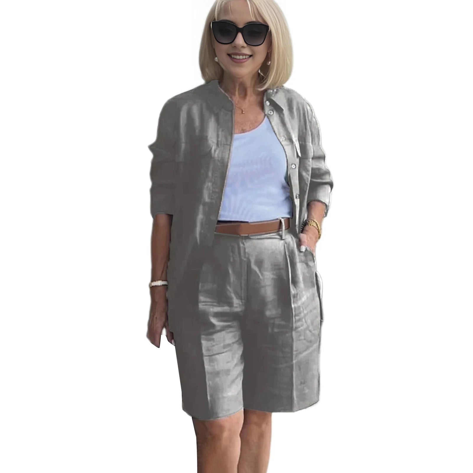 Formal Shorts Suit Knee Length Pants Lady Business Outfit Cardigan Plus Size Lady Coat Shorts Set Daily Wear RT220