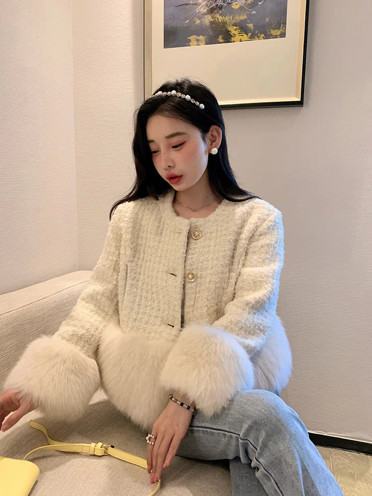Autumn Winter Women's White Imitation Fox Fur Single Breasted Short Jacket New High-Quality Cotton/Non Cotton Wool Coats RT220