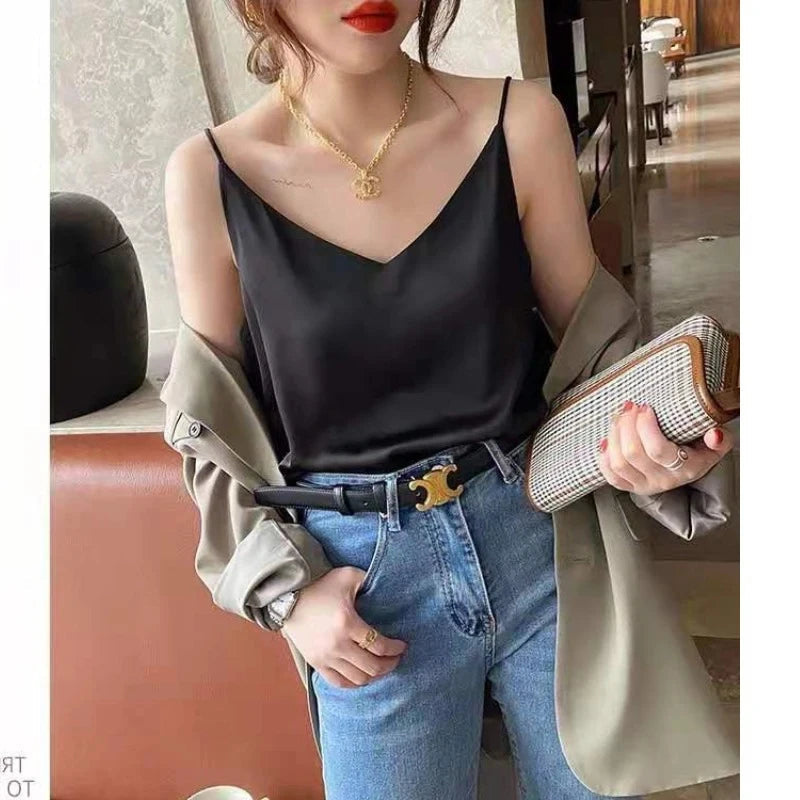Spaghetti Strap Top Women Halter V Neck Basic White Cami Sleeveless Satin Silk Tank Tops Women Summer 2025 Camisole RT220