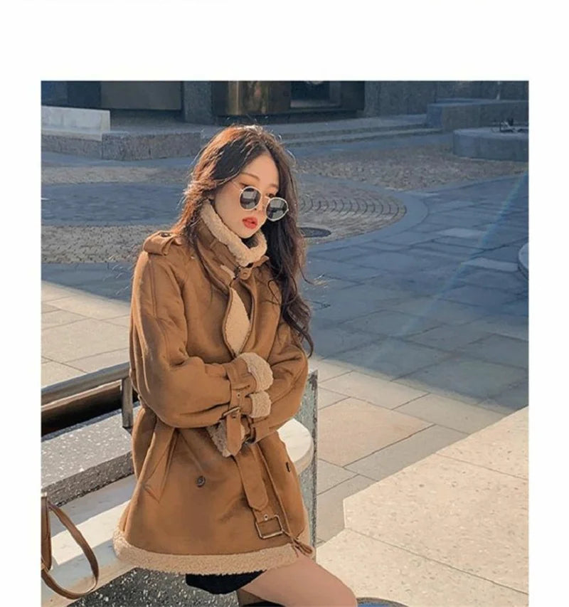 2024 Autumn Winter New Medium Long Double-breasted Lambswool Suede Woolen Coat Women Add Velvet Padded Warm Fur One Woolen Coats RT220