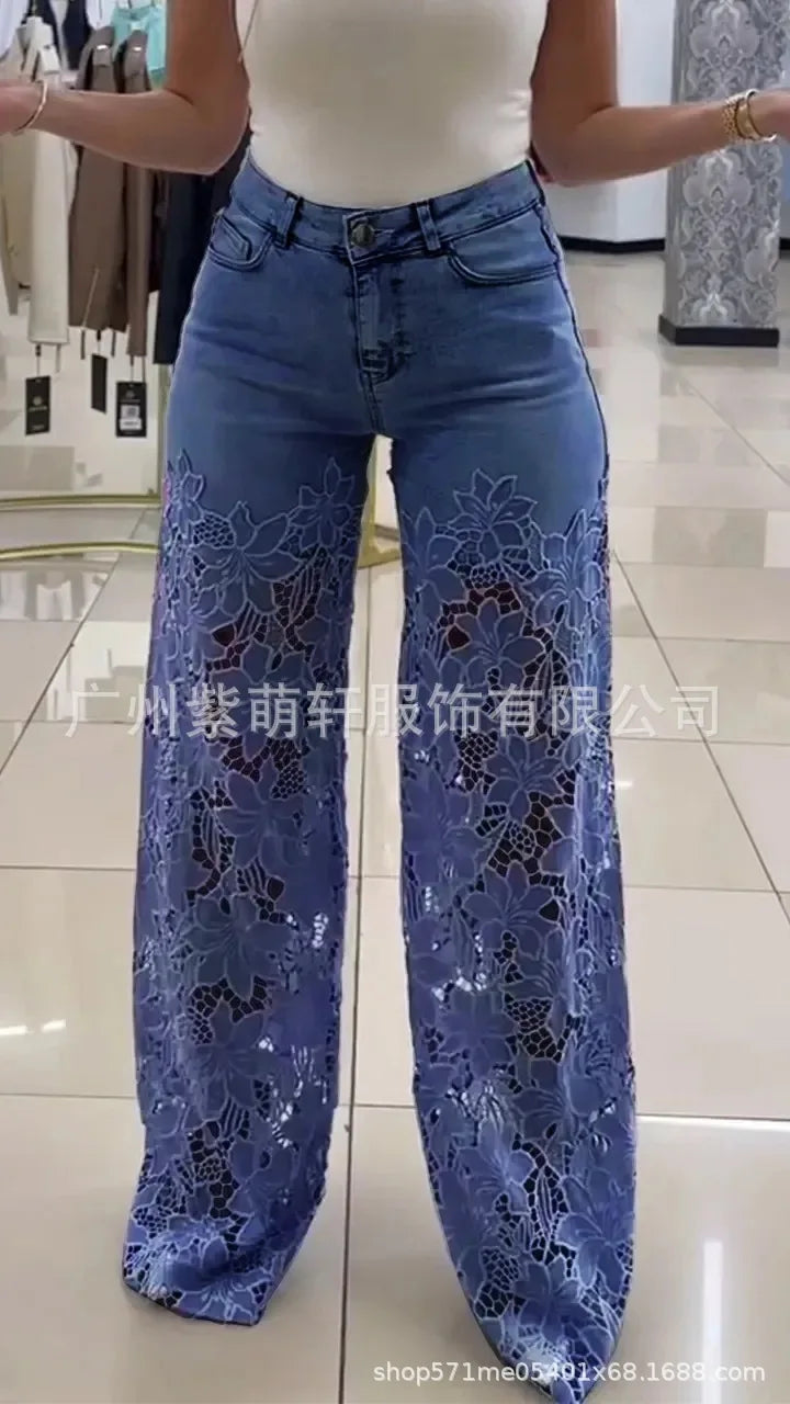 Women's Spring Summer Fashion Hollow Out Lace Splicing Denim Drape Pants Full Length Trousers RT220