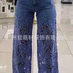 Women's Spring Summer Fashion Hollow Out Lace Splicing Denim Drape Pants Full Length Trousers RT220