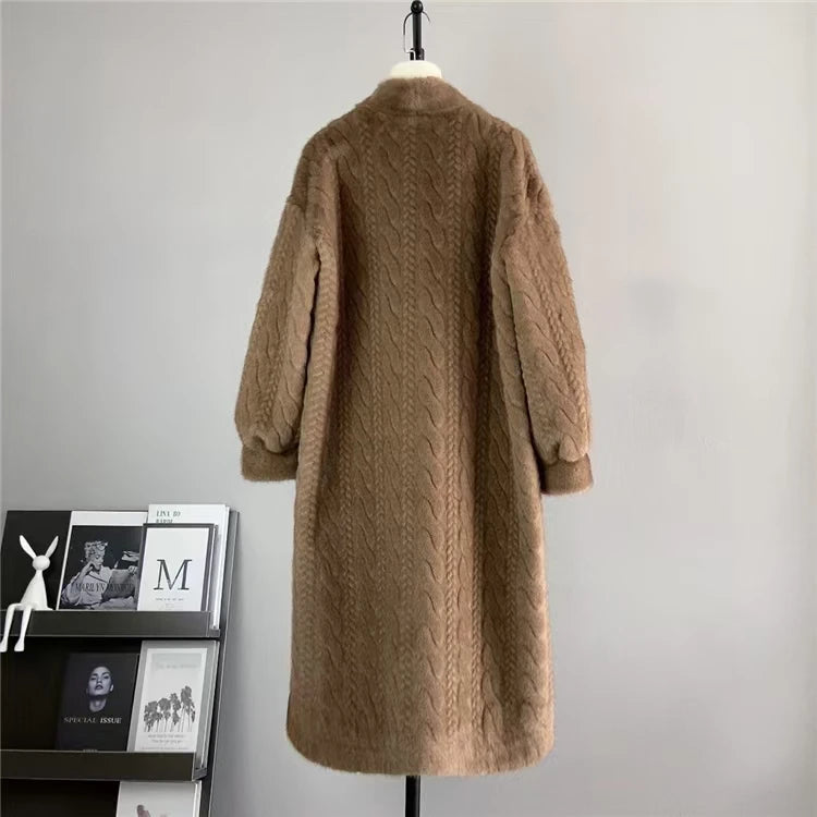 Women Fur Cardigan Thickened Long 2024Autumn Winter V-neck Jacket Female Loose Simple Leisure With Buttons Casual Faux Fur Coat RT220