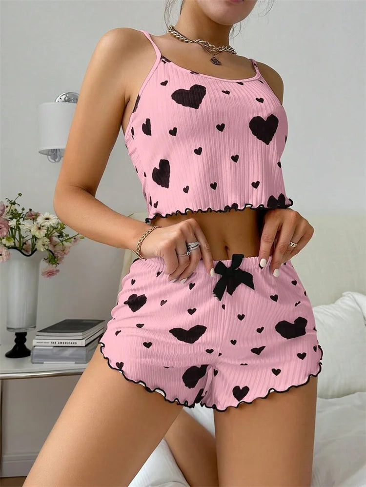 Sexy Girl Pajama Sets Love Heart Print Cami Top+Shorts Leisure Stripe Pyjamas Women Home Clothes Summer Sleeveless Sleepwear RT220