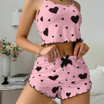 Sexy Girl Pajama Sets Love Heart Print Cami Top+Shorts Leisure Stripe Pyjamas Women Home Clothes Summer Sleeveless Sleepwear RT220