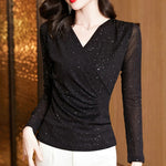 New Spring Women's T-Shirt Cross V-Neck Solid Color Bright Powder Slim Long-Sleeved Mesh Tops Elastic Bottoming Shirt RT220