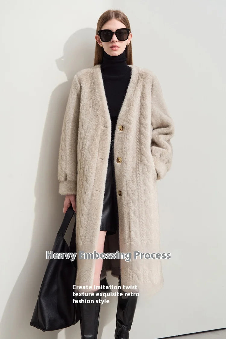 Women Fur Cardigan Thickened Long2025Spring And Autumn V-neck Jacket Female Loose Simple Leisure With Buttons Faux Fur Mink Coat RT220