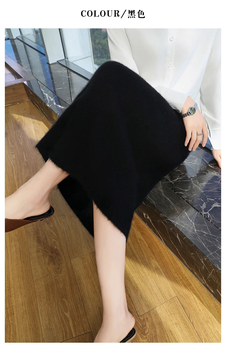 Mink Cashmere Midi Skirt For Women In Autumn And Winter, Mid Length, High Waist, Slimming, Knitted Versatile, Hip Hugging Skirts RT220