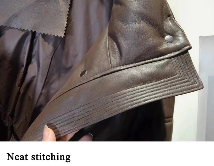 Women Leather Down Jacket Winter 2025 High End Genuine Sheepskin Down Coat Outdoor Thicked Warm Short Puffer Jacket Streetwear RT220