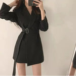 New 2025 Spring Summer Mid-length Small Thin Suit Vintage Belt Korean Fashion Casual Temperament Blazers for Women Clothing RT220