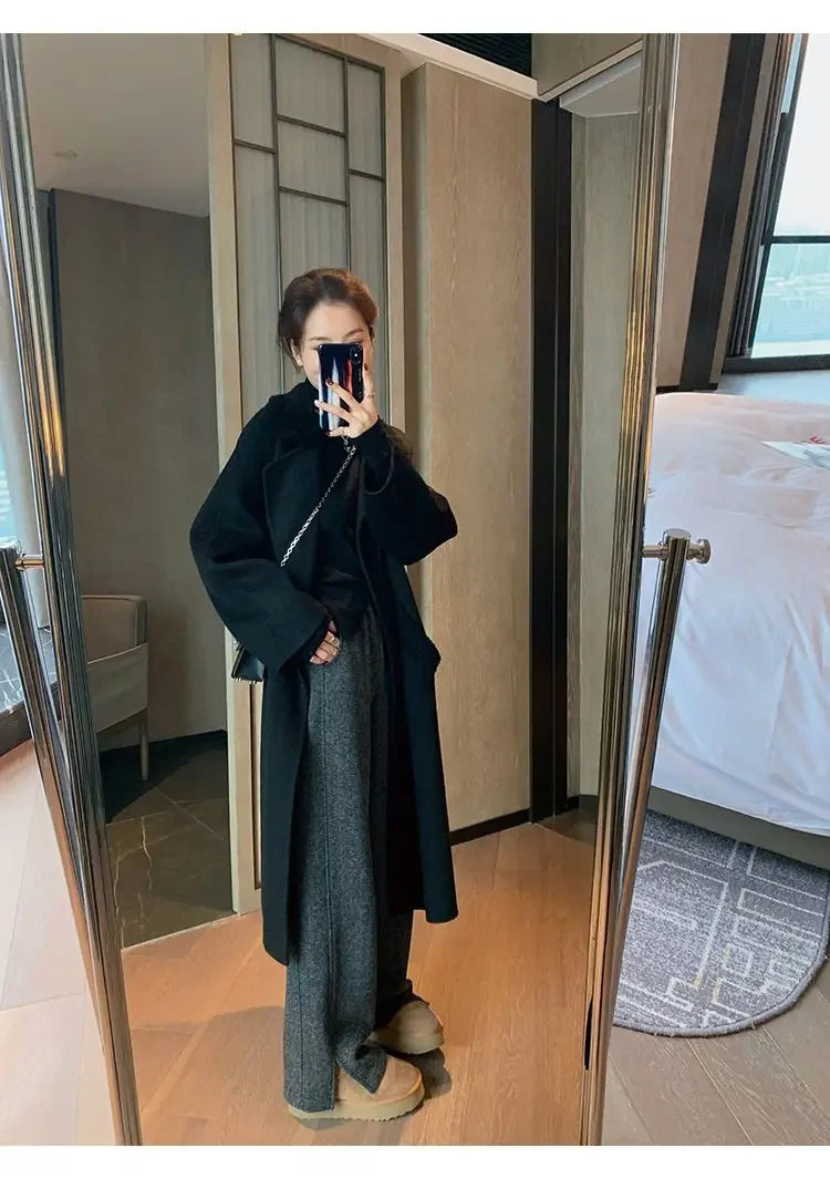 Women Pants Autumn Winter Thickening High Waisted Wool Wide Leg Pants Women Fashion Chevron Lengthening Leg Opening Floor Length RT220