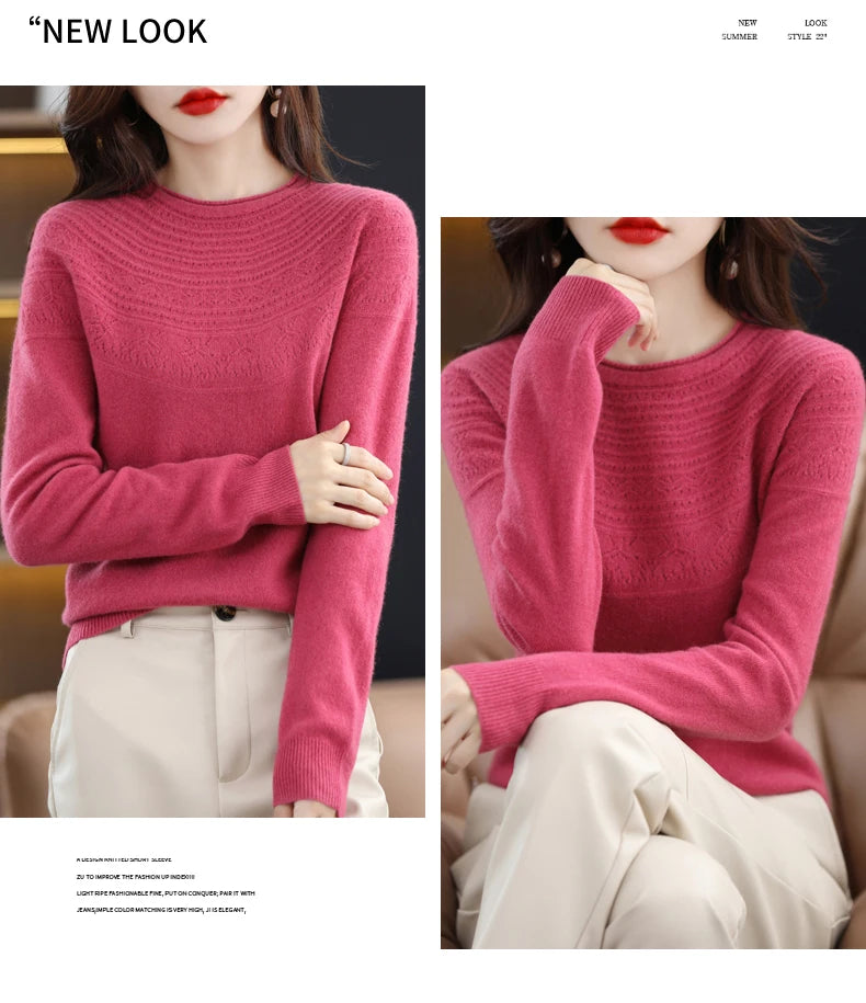 100% Merino Wool Knitted Sweater Autumn/Winter 2024 New Women's Round Neck Hollow Top 11 Color Pullover Versatile Coat NJR1107 RT220