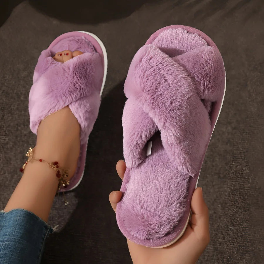 Women’s Cross Band Fur Slippers Indoor Furry Fuzzy Open Toe Shoes Home Cozy Warm Slides Double Straps Slipper Soft Sole Non Slip RT220