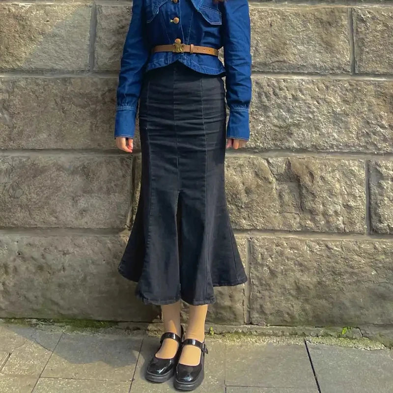 Rimocy High Waist Mermaid Denim Skirt Women Summer Trumpet Split Long Skirts Woman Korean Style Hip-Wrap Flare Middle Skirt RT220