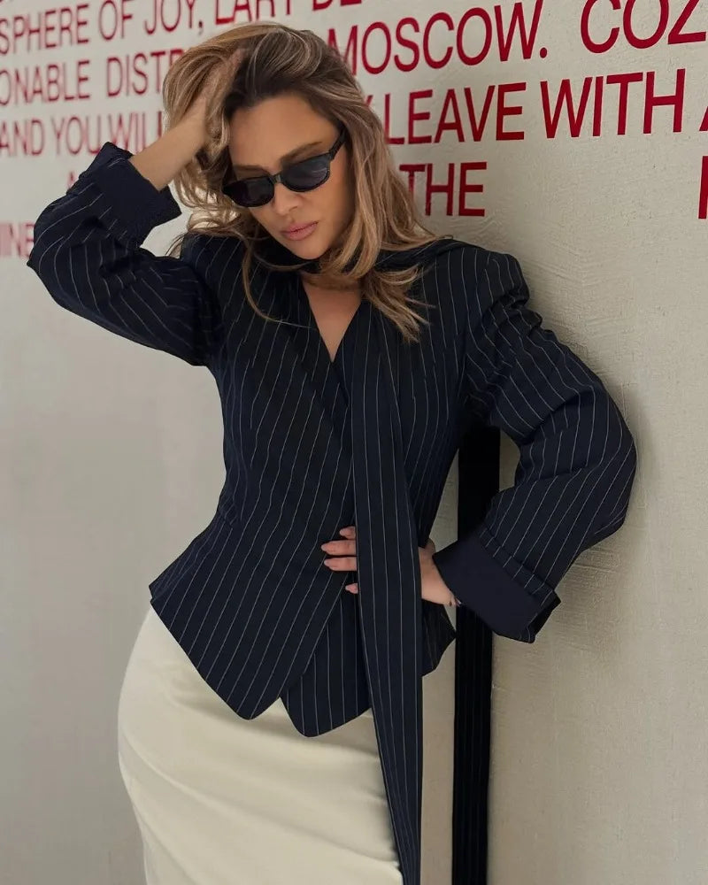 Trendix Elegant Blazer 2 Piece Sets Women V Neck Patchwork Scarf Lace Up Jackets Femme Bodycon Skirt And Commuting Blazers Suits RT220