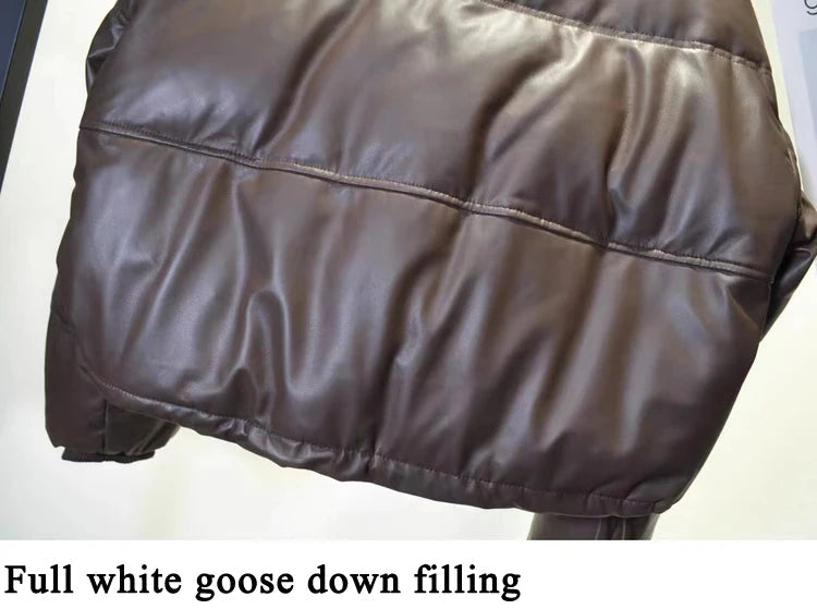 Women Leather Down Jacket Winter 2025 High End Genuine Sheepskin Down Coat Outdoor Thicked Warm Short Puffer Jacket Streetwear RT220