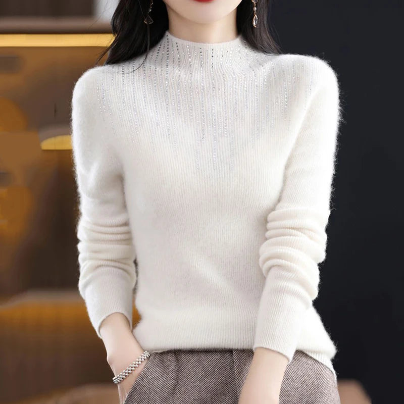 Lucyever Luxury Shiny Crystal Turtleneck Sweaters Women Fashion Slim Rhinestones Knitted Jumper Ladies Solid Soft Warm Pullover RT220