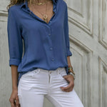 Ladies' Elegant Solid Chiffon Top Summer Casual Long Sleeve V-neck Loose Shirt Office Women's Solid Color Collar Fashion Top RT220