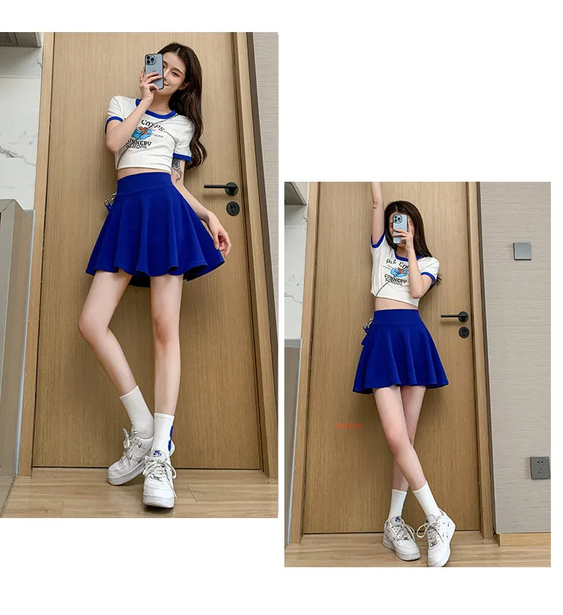 ITOOLIN Women Sweet Solid Color Preppy Skirts Casual Wide Leg High Waist Mini Skirts Women Harajuku Pleated A-line Skirts New RT220