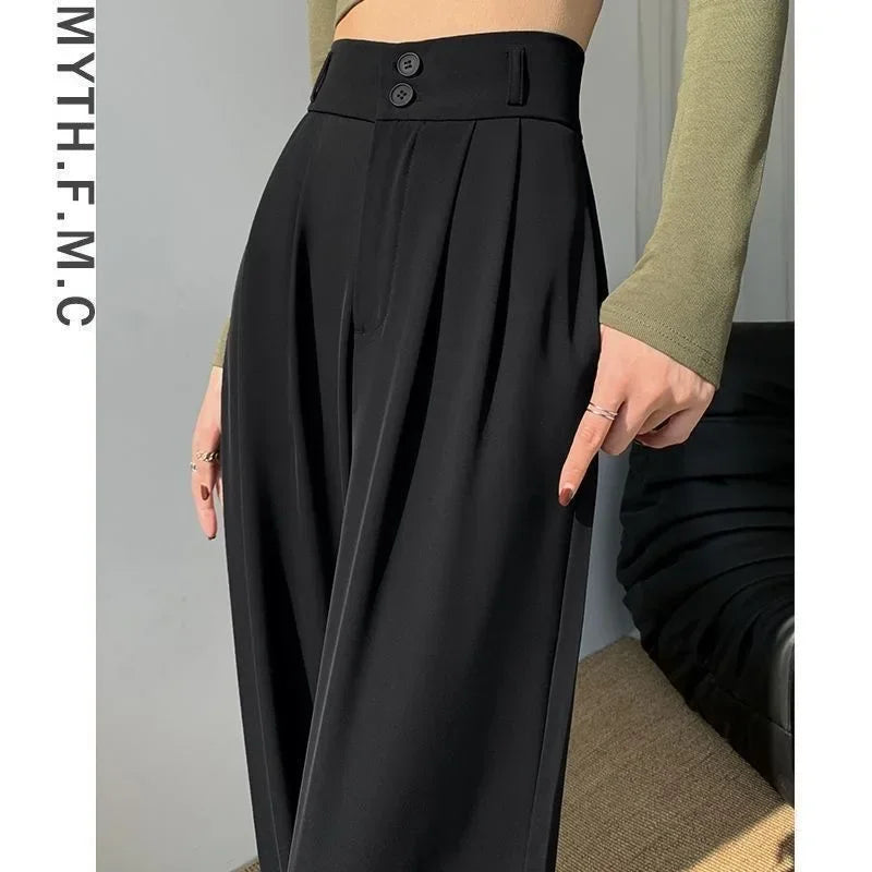 Elegant Wide Leg Pants Women Korean Style High Waist Black Baggy Pants Office Ladies Fashion Loose Suit Trousers Streetwear 2024 RT220