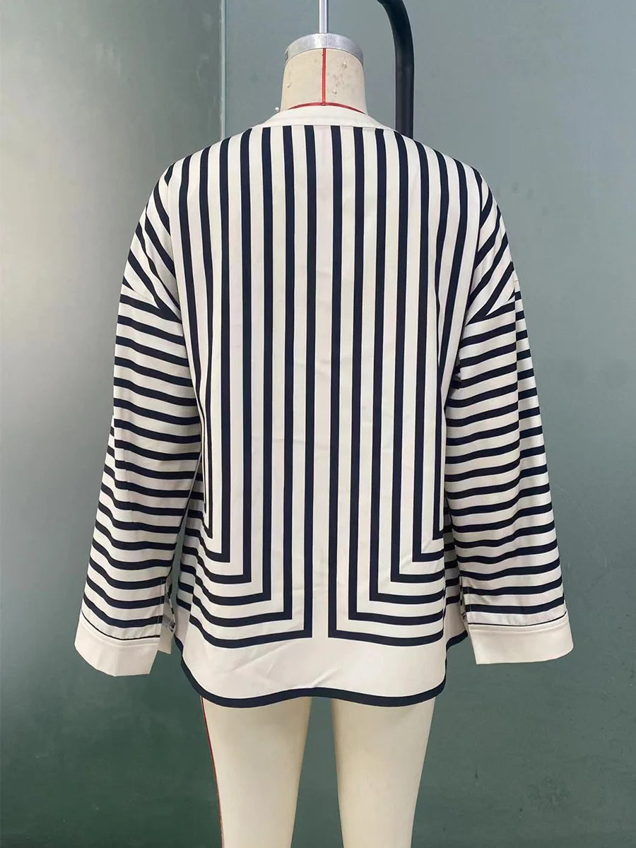 Elegant Striped Shirts Women Vintage Irregular White Blouses Ladies Fashion Long Sleeve Chic Buttons Loose Design Tops New Blusa RT220
