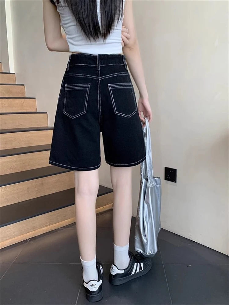 Women's Bright Line Decoration Black Denim Shorts Summer Young Girl Casual Bottom Female High Waisted Straight Knee Length Pants RT220