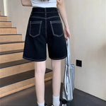 Women's Bright Line Decoration Black Denim Shorts Summer Young Girl Casual Bottom Female High Waisted Straight Knee Length Pants RT220