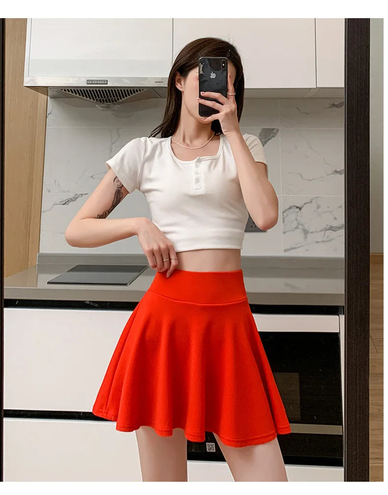 ITOOLIN Women Sweet Solid Color Preppy Skirts Casual Wide Leg High Waist Mini Skirts Women Harajuku Pleated A-line Skirts New RT220