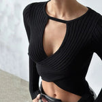 Xeemilo Autumn Solid Underwear Top Elegant Hollow Out Knit Long Sleeve Undershirt 2023 Women Round Collar Slim Warmming Clothes RT220