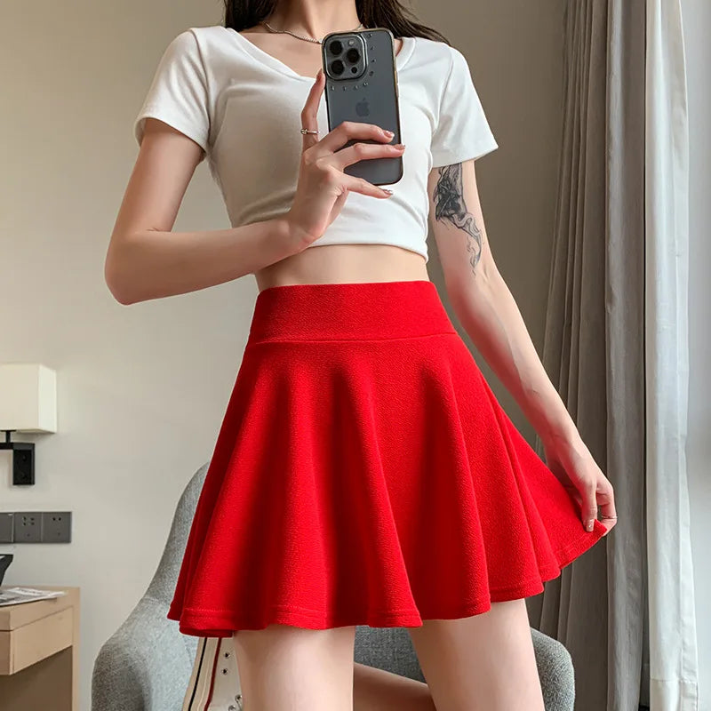 ITOOLIN Women Sweet Solid Color Preppy Skirts Casual Wide Leg High Waist Mini Skirts Women Harajuku Pleated A-line Skirts New RT220