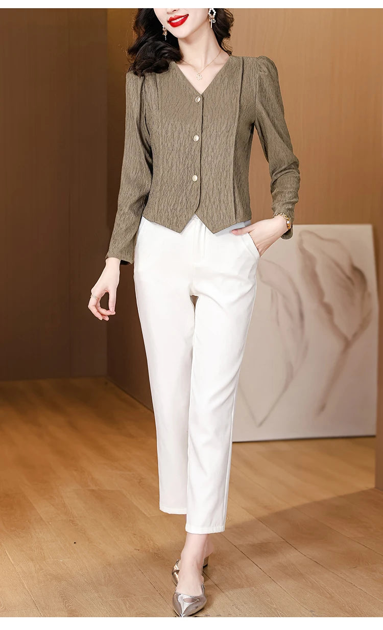 Fashion V-Neck Womens Shirts And Blouse 2025 Spring Autumn Simplicity Streetwear Tops Women Elegant Slim Casual Clothing Femme RT220