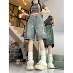American Style Vintage Women's Short Jeans High Waisted Washed Wide Leg Denim Pants Woman Fashion Do Old Star Knee Length Shorts RT220