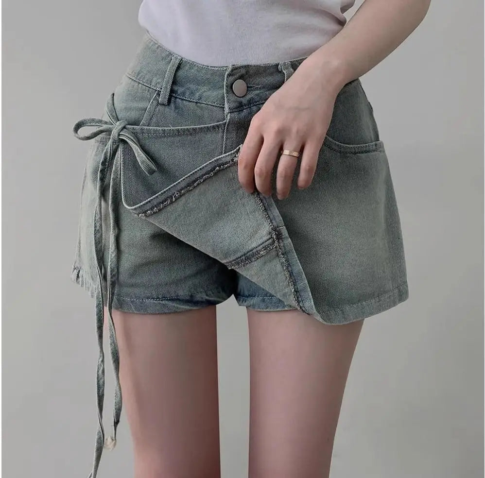 DFCF 2025 Spring Summe Jeans Streetwear Vintage Irregular Laced Up short Jeans Women Y2k Korean Fashion High Waist Straight Pant RT220