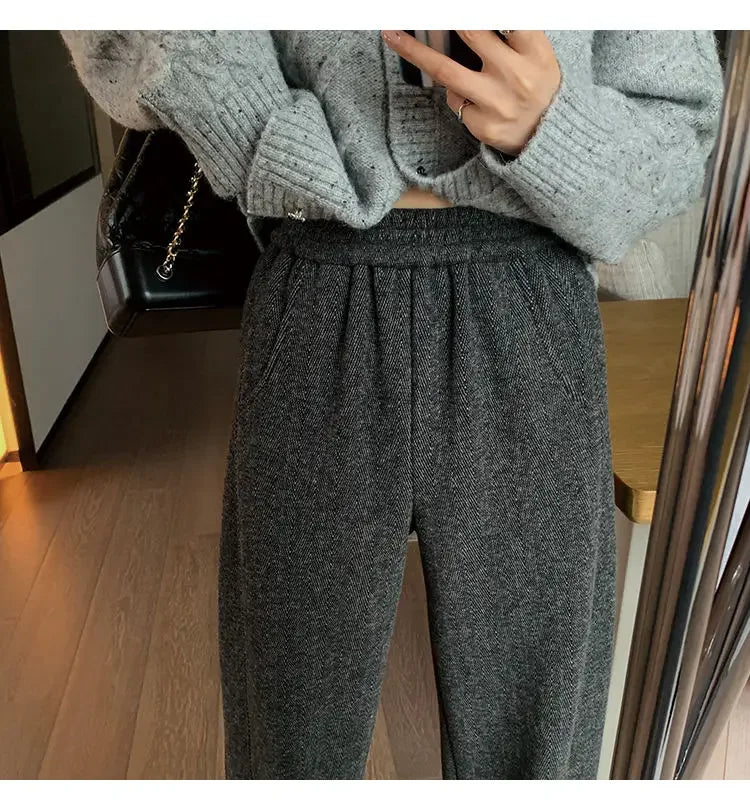 Women Pants Autumn Winter Thickening High Waisted Wool Wide Leg Pants Women Fashion Chevron Lengthening Leg Opening Floor Length RT220