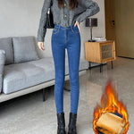 Skinny Women's Warm Jeans Winter Thicken Fleece Stretch High Waist Pencil Pants Fashion Korean Black Blue Gray Velvet Leggings RT220