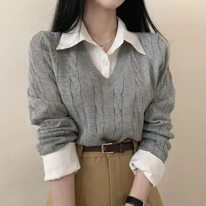 Korean Chic Spring and Autumn Age-Reducing Sweaters Retro Temperament Preppy Fake Two Pieces Shirts Twist Knit Women's Y2k Tops RT220