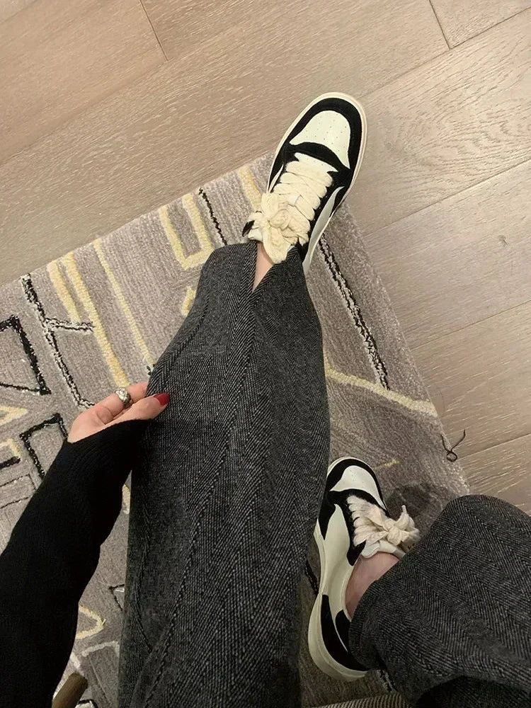 Women Pants Autumn Winter Thickening High Waisted Wool Wide Leg Pants Women Fashion Chevron Lengthening Leg Opening Floor Length RT220