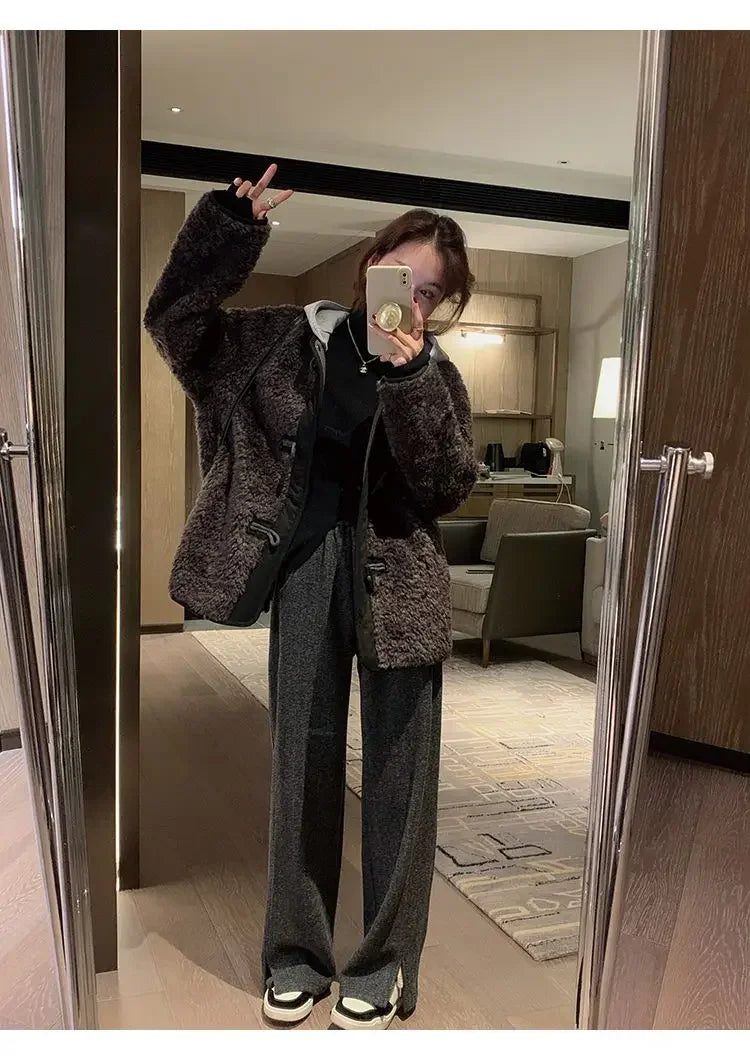 Women Pants Autumn Winter Thickening High Waisted Wool Wide Leg Pants Women Fashion Chevron Lengthening Leg Opening Floor Length RT220