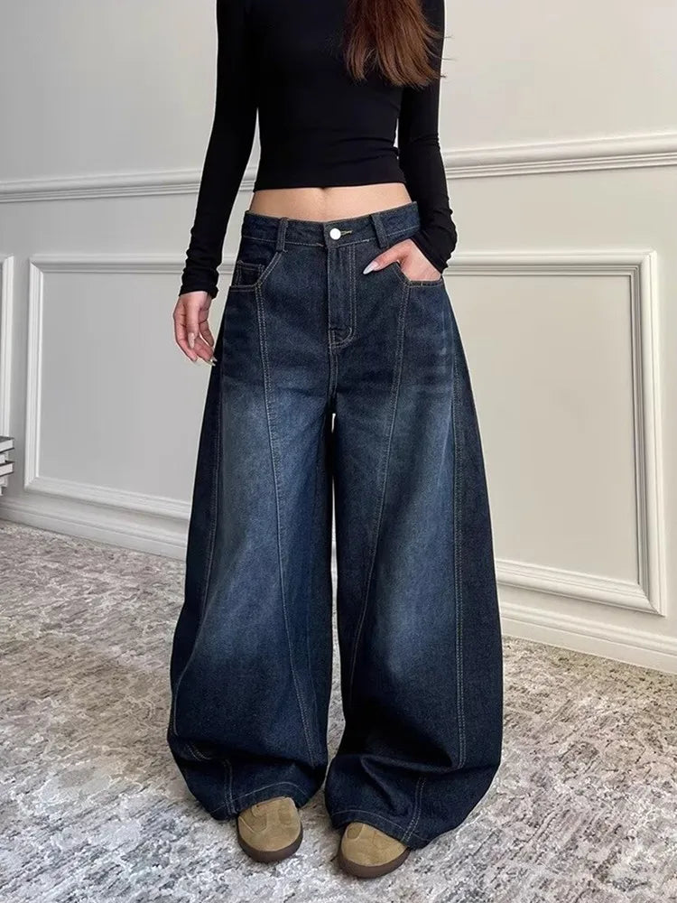 2025 Ropa Y2K Fashion Letter Embroidery Vintage Dark Blue Baggy Jeans Pants Women Clothing New Rock Wide Leg Lady Denim Trousers RT220