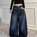 2025 Ropa Y2K Fashion Letter Embroidery Vintage Dark Blue Baggy Jeans Pants Women Clothing New Rock Wide Leg Lady Denim Trousers RT220