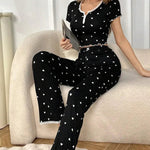 Spring and Summer New Women's Pop-Up Short-Sleeved Love Collar Printed Pajamas Loungewear Set Girls Style Pajamas Loungewear Set RT220